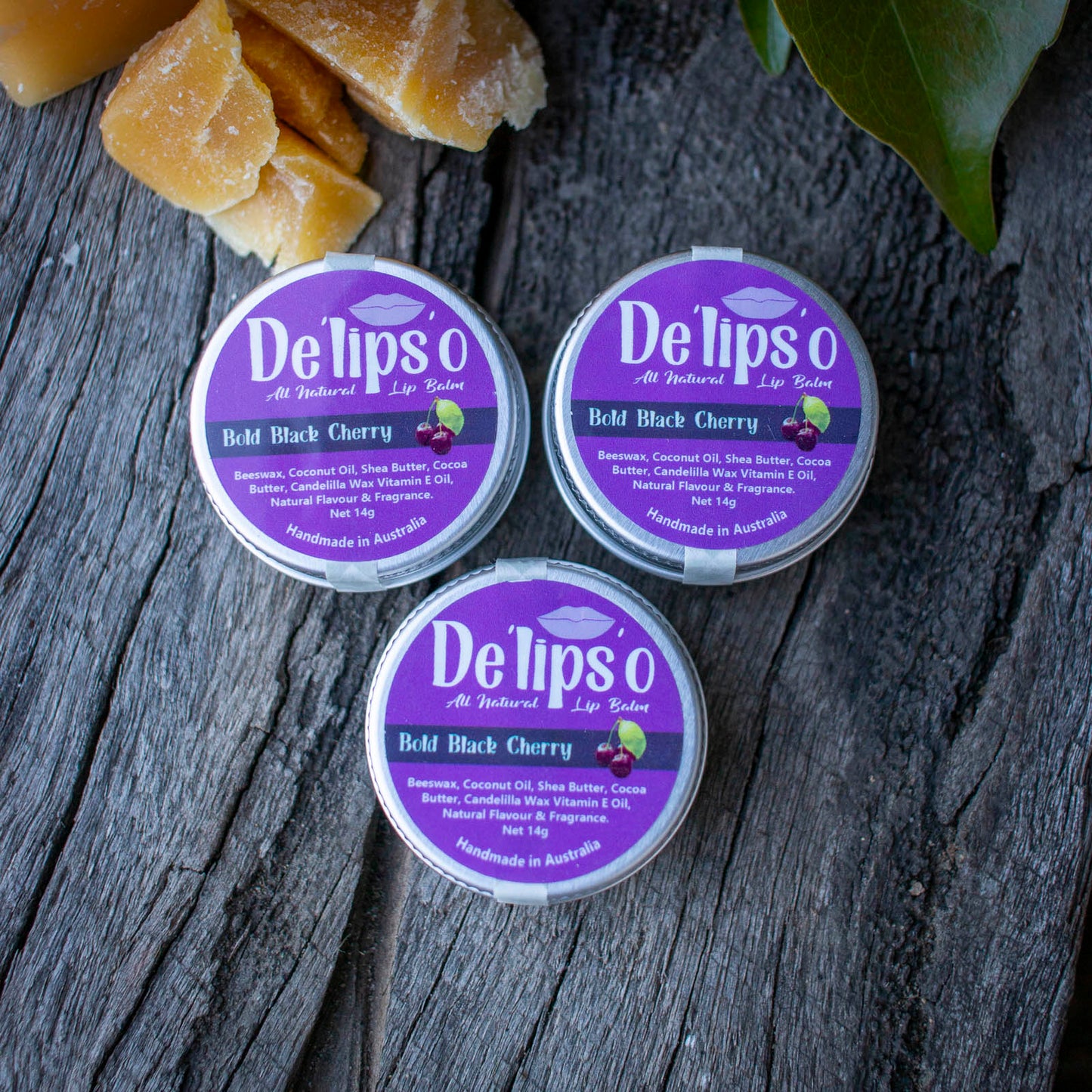 Bold Black Cherry all natural Lip Balm 14g Tin Delipso